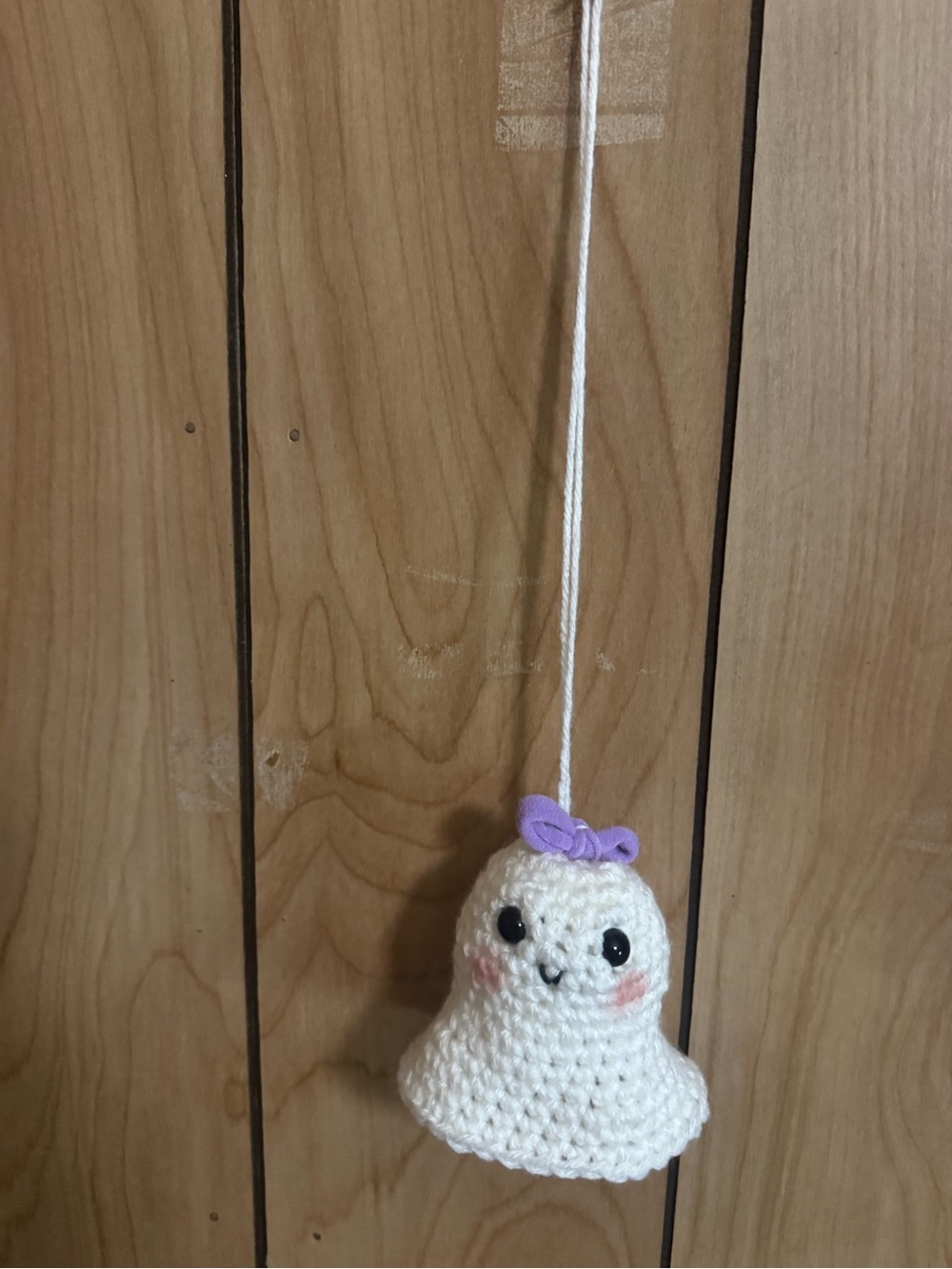 Cute White Crochet Hanging Pet Toy with Purple Bow